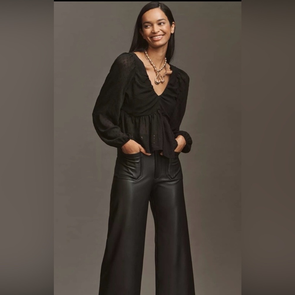 NWT Anthropologie Peplum Blouse Black Size S Sheer Black Smocked Elastic Back